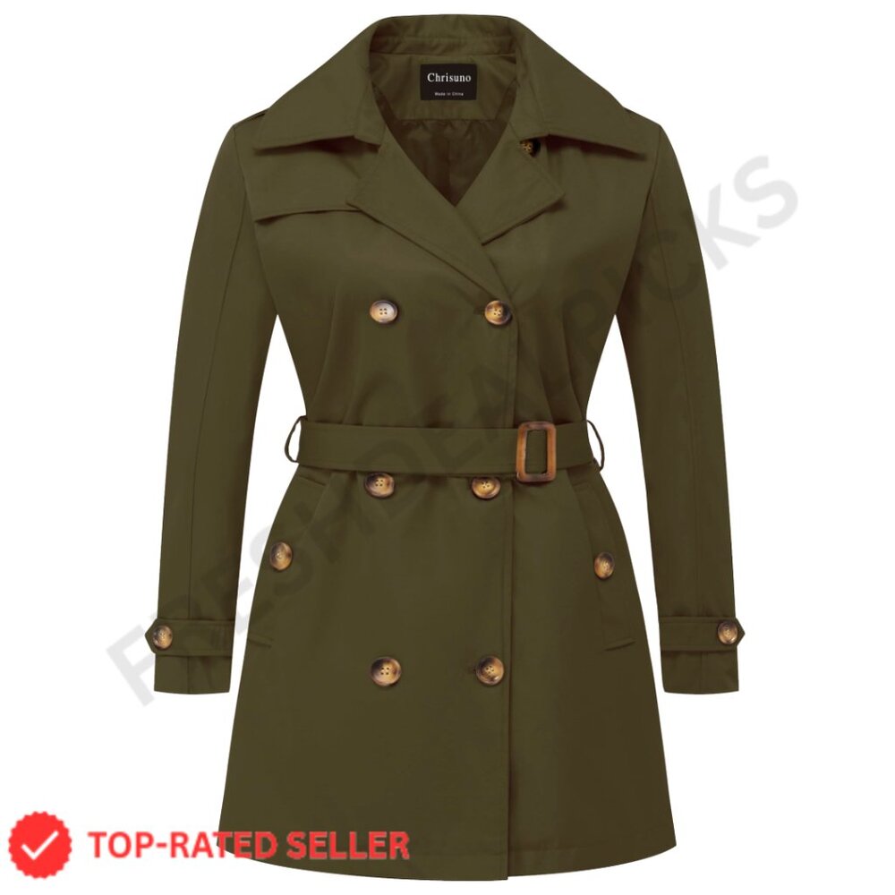 Plus Size Double Breasted Trench Coat Mid-Length Belted Overcoat Detachable Hood